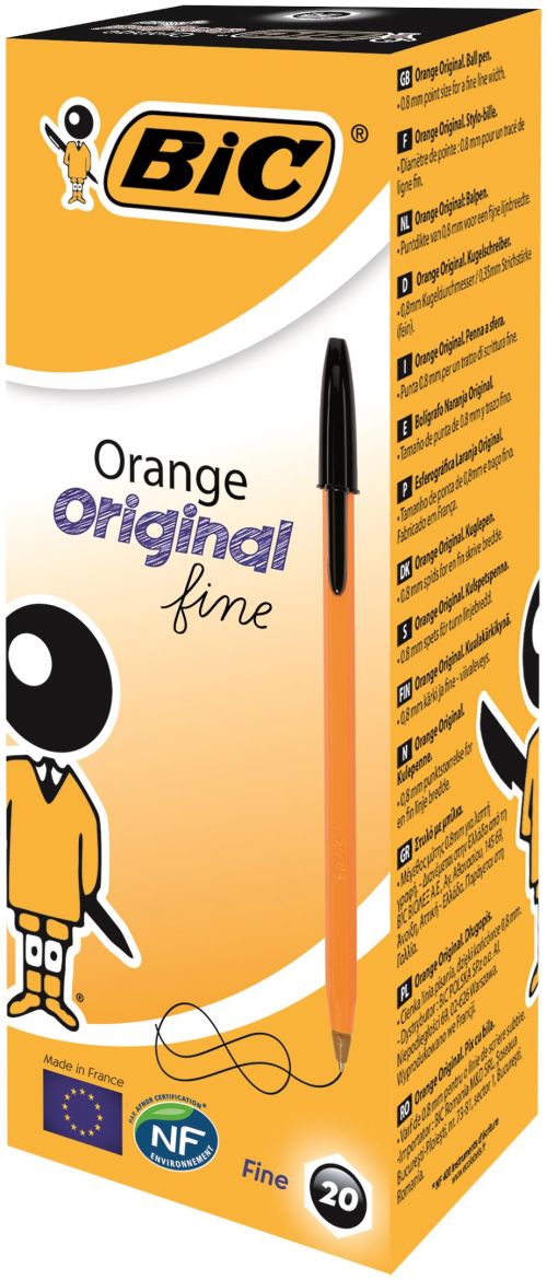 BiC Orange Fine Ball Pen, Black Box of 20